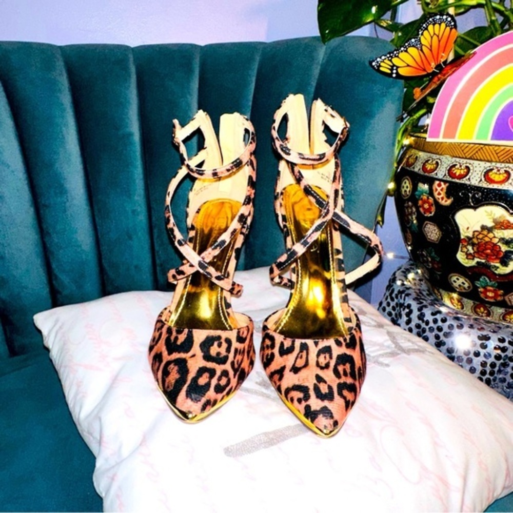 Liliana cheetah print gold chrome tip heels